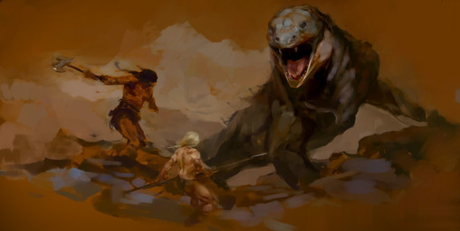 axe black_hair blonde_hair cloud female feral group hair male melee_weapon polearm rock spear trio weapon justin_sweet conan_the_barbarian_(franchise) conan_the_barbarian lizard reptile scalie hi_res