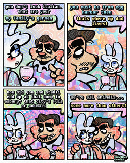 4_panel_comic alcohol anthro arm_hair beverage black_hair body_hair bow_tie cheek_spots cheek_tuft clothing collared_shirt container cup dialogue drinking_glass duo facial_hair facial_tuft floppy_ears fur glass glass_container glass_cup hair half-closed_eyes male mustache narrowed_eyes overalls polo_shirt racism shirt smile smirk smug smug_face smug_grin speech_bubble teeth text tooth_gap topwear tuft white_body white_fur wine wine_glass yellow_body yellow_fur rawdawgcomics bingus_(rawdawgcomics) cataldo_(rawdawgcomics) bird_dog canid canine canis domestic_dog golden_retriever hunting_dog lagomorph leporid mammal rabbit retriever 4:5 comic english_text hi_res