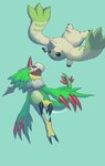 anthro beady_eyes beak claws duo feathers feet fur green_body green_feathers horn long_ears male mask purple_eyes talons toes white_body white_fur wings kira_dra_h bandai_namco digimon digimon_liberator digimon_(species) pteromon terriermon hi_res