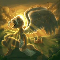 ambiguous_gender anthro armlet black_body castle clothed clothing cloud digitigrade eyebrows eyes_closed feathered_wings feathers hair hand_on_knee hand_on_leg hand_on_own_knee hand_on_own_leg macro on_ground outside short_hair side_view sitting solo spread_wings sun sunrise toga white_clothing white_hair wings furnut angel canid canine canis domestic_dog mammal 1:1 2020 absurd_res hi_res