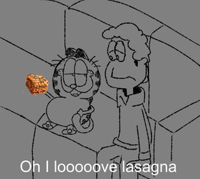 anthro bedroom bottomwear clothing curly_hair duo food frown fur furniture grey_background hair inside lasagna male pants pasta paws shirt simple_background smile sofa striped_body striped_fur stripes text topwear whiskers anonymous_artist garfield_(series) garfield_the_cat jon_arbuckle domestic_cat felid feline felis human mammal hi_res monochrome