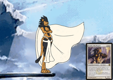 anthro armor breasts cape cleavage clothed clothing ear_piercing female headgear helmet pauldron piercing solo tail text unconvincing_armor yellow_body toasterlamb hasbro magic:_the_gathering wizards_of_the_coast kemba_kha_regent catfolk felid leonin lion mammal pantherine absurd_res english_text hi_res meme