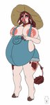 anthro areola belly big_areola big_belly big_breasts blue_clothing blue_overalls bodily_fluids breasts brown_hair clothed clothing collar female fur glistening glistening_eyes green_eyes hair hat headgear headwear huge_belly huge_breasts lactating looking_at_viewer nipples open_mouth overalls pink_nipples pink_nose pregnant pregnant_anthro pregnant_female red_collar simple_background solo standing tail tail_tuft tuft white_background white_body white_fur milk-jug june_(creme-bean) bovid bovine cattle mammal