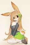 accessory anthro bottomwear brown_eyes chest_tuft clothing clover_(plant) clover_leaf female four_leaf_clover fur hair hair_accessory leaf legwear plant skirt smile solo thigh_highs tuft soda_uyu lagomorph leporid mammal rabbit 2022 digital_media_(artwork) hi_res