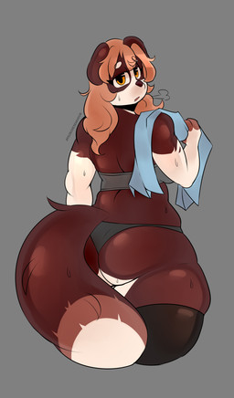 anthro big_breasts big_butt bodily_fluids bra breasts butt clothing female fur hair legwear looking_at_viewer looking_back muscular muscular_anthro muscular_female rear_view simple_background solo sports_bra sweat sweaty_butt tail thick_thighs thigh_highs topwear towel towel_on_shoulder underwear pedrodesenhador sarah_(corgipudding) border_collie canid canine canis collie domestic_dog herding_dog mammal pastoral_dog sheepdog hi_res