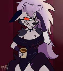anthro bare_shoulders beverage big_breasts black_eyelids breasts cleavage clenched_teeth clothed clothed_anthro clothed_female clothing coffee collar female fingerless_gloves fur gloves grey_body grey_fur grey_hair hair hand_on_own_head handwear headache long_hair one_eye_closed pantsless pupils red_sclera sharp_teeth shoulderless_shirt sleeping_shirt sleepshirt slit_pupils solo spiked_collar spikes teeth white_body white_eyes white_fur starpaintart hellaverse helluva_boss mythology loona_(helluva_boss) canid canid_demon canine demon hellhound mammal mythological_canine mythological_creature 2024 hi_res