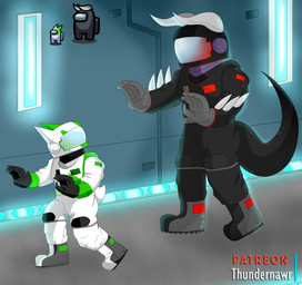 anthro black_body boots chasing clothed clothed_anthro clothed_male clothing duo footwear fully_clothed fully_clothed_anthro fully_clothed_male hallway horn humor lights male shoes spacecraft spacesuit spikes vehicle white_body thundernawr among_us innersloth nintendo pokemon aladar_(virgofox28) crewmate_(among_us) fan_character demon generation_3_pokemon pokemon_(species) zangoose 2020 hi_res