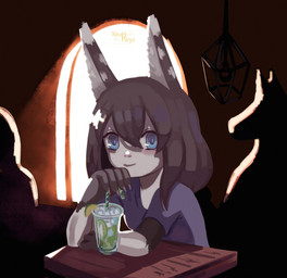 anthro blue_eyes claws clothed clothing crowd drinking drinking_straw female food fruit grin group hair ice inside lamp lantern lemon long_hair looking_at_viewer nails plant public shirt sitting smile solo text topwear near_reya sjyk lagomorph leporid mammal rabbit 2021 digital_media_(artwork) english_text hi_res signature