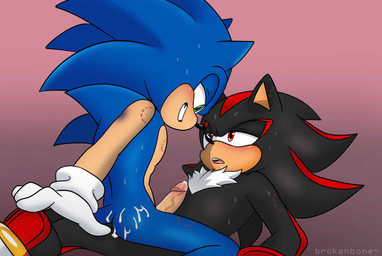 anal anal_penetration anthro bite_mark black_body black_fur blue_body blue_fur blush bodily_fluids butt clothing cowgirl_position cum cum_on_butt cum_on_penis duo ejaculation erection eye_contact footwear from_front_position fur genital_fluids genitals gloves green_eyes handwear humanoid_genitalia humanoid_penis looking_at_another lying male male/male male_penetrated male_penetrating male_penetrating_male narrowed_eyes on_back on_bottom on_top open_mouth penetration penile penile_penetration penis sex shoes simple_background smile sweat sweatdrop tail teeth brokenbone sega sonic_the_hedgehog_(series) shadow_the_hedgehog sonic_the_hedgehog eulipotyphlan hedgehog mammal digital_media_(artwork) hi_res