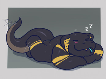 ambiguous_gender anthro biped black_body blep blue_tongue blush border chibi closed_smile countershade_tail countershading cute_fangs eyes_closed fangs forked_tongue front_view grey_background lying lying_on_arm markings motion_lines mouth_closed on_front raised_foot simple_background sleeping smile snake_hood solo sound_effects tail tail_motion tailwag teeth three-quarter_view tongue tongue_out vowelless vowelless_sound_effect white_border yellow_fangs yellow_markings zzz masterelrest zel_(sibunakebos) cobra elapid_(snake) king_cobra reptile scalie snake 2024 hi_res male_(lore)