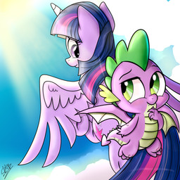 anthro claws cloud cute_fangs cutie_mark duo eyebrows eyelashes fangs feathered_wings feathers female feral flying green_eyes hair hooves horn light long_hair looking_back male membrane_(anatomy) membranous_wings multicolored_hair outside purple_body purple_eyes purple_feathers smile spade_tail spread_wings sun sunlight tail teeth wings dsana friendship_is_magic hasbro my_little_pony mythology spike_(mlp) twilight_sparkle_(mlp) dragon equid equine mammal mythological_creature mythological_equine mythological_scalie scalie winged_unicorn 1:1 2018 hi_res portrait signature