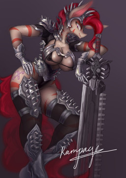 alternate_universe anthro armor big_breasts bottomwear breasts cleavage clothed clothing female hand_on_hip headgear helmet loincloth melee_weapon smile solo spikes sword weapon wide_hips lament fallout fallout_equestria foe:_project_horizons friendship_is_magic hasbro microsoft my_little_pony fan_character rampage_(fallout_equestria) earth_pony equid equine horse mammal pony zony absurd_res crossover hi_res