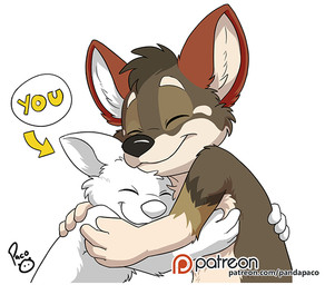 anthro arm_tuft black_nose brown_body brown_fur brown_hair closed_smile duo elbow_tuft eyes_closed fur hair hug logo male mouth_closed nude patreon_logo short_hair shoulder_tuft side_view simple_background smile tan_body tan_fur tuft white_background white_body white_fur young young_anthro young_male pandapaco patreon canid canine mammal artist_logo signature