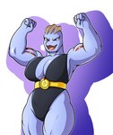 anthro belt blue_body clothing female female_machoke flexing leotard low-angle_view muscular muscular_female red_eyes solo fourssss nintendo pokemon generation_1_pokemon machoke pokemon_(species) hi_res