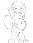 2021 anthro balls blep bottomless bulge clothed clothing detailed_bulge english_text fur genital_outline genitals hair hi_res hyena karhyena looking_at_viewer male mammal monochrome penis_outline rick_griffin shirt solo spotted_hyena text text_on_clothing text_on_shirt text_on_t-shirt text_on_topwear tongue tongue_out topwear