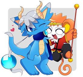 anthro clothed clothing duo eyes_closed heart_symbol kemono one_eye_closed semi-anthro tail bayachao asian_mythology east_asian_mythology makemon mythology hayato_(makemon) souma_(makemon) dragon eastern_dragon haplorhine mammal monkey mythological_creature mythological_scalie primate scalie 2018