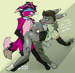 ambiguous_penetration anthro anthro_on_anthro anthro_penetrated anthro_penetrating anthro_penetrating_anthro blindfold breasts collar command dialogue dominant dominant_female duo female female_penetrated fur grey_body grey_fur harder leash leash_pull leashed_collar looking_back male male/female male_penetrating male_penetrating_female nipples penetration pink_body pink_fur power_bottom sex smile tail tail_motion tailwag teeth text kidakash bandai_namco digimon canid digimon_(species) mammal renamon english_text