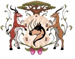 brown_body brown_eyes brown_fur coat_of_arms feral flower fur heraldry hooves horn plant red_body red_eyes red_fur simple_background tree white_background thepimpartist mammal rhinoceros 2021 traditional_media_(artwork)