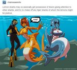 anthro big_breasts blush breasts clothed clothing female fin group hair interspecies male non-mammal_breasts possessive scuba_diving teeth text trio kukuruyoart fish human mammal marine shark digital_media_(artwork)