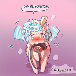ambiguous_gender blue_hair blush bodily_fluids collar feral hair heart_eyes heart_pupils heart_symbol leash leash_in_mouth leash_in_own_mouth looking_at_viewer mouth_hold object_in_mouth pink_body power_bottom quadruped solo sweat tail tail_motion tailwag wings young young_feral cold-blooded-twilight friendship_is_magic hasbro my_little_pony mythology cozy_glow_(mlp) equid equine mammal mythological_creature mythological_equine pegasus 1:1 hi_res