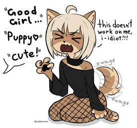 >_< anthro bdsm clothing eyes_closed female fishnet_clothing fishnet_legwear heart_symbol kneeling legwear open_mouth pet_praise petplay praise roleplay simple_background solo tail tail_motion tailwag text white_background dogfailureowo hana_(dogfailureowo) canid canine canis domestic_dog mammal english_text hi_res tagme