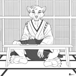 anthro asian_clothing claws clothed clothing container cup east_asian_clothing front_view fur furniture hair half-closed_eyes inner_ear_fluff japanese_clothing kimono looking_at_viewer male mouth_closed narrowed_eyes paws sitting smile smiling_at_viewer solo table tea_set teapot tuft marcushunter fan_character mammal mustelid musteline true_musteline weasel 1:1 2025 hi_res monochrome signature