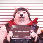 anthro armor eye_scar facial_scar front_view fur headgear helmet holding_object humanoid_hands kerchief looking_at_viewer male mugshot neckerchief neckwear red_kerchief red_neckerchief scar solo text white_body white_fur dollymolly323 barbie_and_ken_mugshot_meme epic_games fortnite polar_patroller bear mammal polar_bear ursine 1:1 2023 3d_(artwork) blender_(artwork) bust_portrait digital_media_(artwork) english_text hi_res icon meme portrait