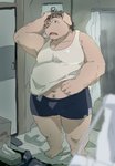 anthro belly clothed clothing detailed_background humanoid_hands inside kemono male navel overweight overweight_anthro overweight_male shirt solo standing topwear underwear train_(artist) domestic_pig mammal suid suina sus_(pig) 2018