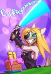 abstract_background anthro belt birthday birthday_cake black_nose blonde_hair blue_eyes blue_lightsaber breasts cake candle clothed clothing dessert detailed_background dripping eyebrow_through_hair eyebrows female fingerless_gloves fire food fur gloves grin hair handwear holding_object holding_weapon jewelry lightsaber looking_down melee_weapon necklace shirt side_boob simple_background smile solo star tank_top teeth text topwear translucent translucent_hair weapon weapon_trail wolfy-nail star_wars koul_fardreamer canid canine canis mammal wolf 2012 digital_media_(artwork) russian_text