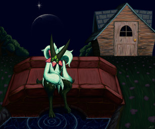 anthro biped bridge building clothing dark_body dark_clothing dark_fur dark_mask eyes_closed flower fur grass green_body green_clothing green_ears green_fur green_hair green_mask hair house moon night outside paws pink_clothing plant river shrub solo water halfbaked-hope nintendo pokemon generation_9_pokemon meowscarada pokemon_(species) 2024 digital_media_(artwork) digital_painting_(artwork) hi_res painting_(artwork)
