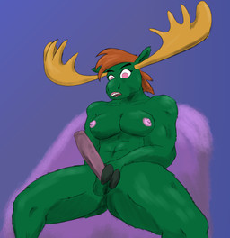 abs after_transformation aged_up anthro antlers balls breasts fingers fur genitals green_body green_fur gynomorph hooved_fingers hooves horn hybrid_genitalia hybrid_penis intersex lipstick looking_at_genitalia looking_at_penis makeup muscular muscular_gynomorph muscular_intersex penis reclining_pose sitting solo anonymous_artist nickelodeon the_fairly_oddparents vicky_(fop) deer mammal moose new_world_deer hi_res trans_(lore) trans_woman_(lore)