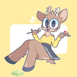 4_fingers anthro antlers black_nose bottomwear brown_body brown_fur cake chest_tuft clothed clothing countershading crossdressing cutlery dessert eyebrows femboy fingers food fork fur fur_markings grey_bottomwear grey_clothing grey_eyes grey_hooves grey_skirt holding_fork holding_object holding_plate hooves horn kitchen_utensils logo looking_at_viewer male markings multicolored_body multicolored_fur open_mouth plate raised_eyebrows short_tail simple_background sitting skirt solo tail tan_body tan_fur text tools topwear tuft two_tone_body two_tone_fur white_background yellow_background yellow_clothing yellow_topwear aiyhav_nouneim oakley_(aiyhav_nouneim) deer mammal 1:1 2022 artist_logo artist_name