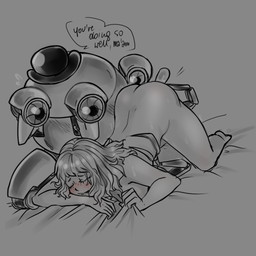 all_fours ass_up blush bowler_hat breasts clothing dialogue duo female grey_background hat headgear headwear machine not_furry robophilia sex simple_background technophilia text millerotic fallout microsoft codsworth_(fallout) human mammal mister_handy_(fallout) robot 1:1 2019 digital_drawing_(artwork) digital_media_(artwork) english_text monochrome