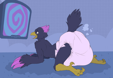 4_toes anisodactyl anthro avian_feet beak big_diaper black_body black_feathers bodily_fluids claws clothing diaper drooling electronics feather_hands feathers feces feet huge_diaper hypnosis looking_at_monitor lying male mind_control monitor on_front purple_body purple_feathers saliva soiled_diaper soiling solo spiral spiral_eyes toes unclean_diaper used_diaper bubblepuppers gambit_(the_corvid) avian bird corvid corvus_(genus) crow oscine passerine 2023 digital_media_(artwork) hi_res