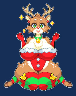 anthro antlers armwear bell bell_collar big_breasts breasts brown_body brown_fur chest_tuft cleavage clothed clothing collar ear_piercing elbow_gloves eyebrows female female_anthro freckled_face freckled_hips freckles fur gloves green_clothing green_eyes green_legwear green_thigh_highs handwear head_tuft hooves horn huge_breasts humanoid_hands kneeling knock-kneed legwear leotard open_mouth open_smile pattern_clothing pattern_legwear pattern_thigh_highs piercing red_armwear red_clothing red_elbow_gloves red_gloves red_handwear red_legwear red_thigh_highs simple_background smile solo sparkles striped_clothing striped_legwear striped_thigh_highs stripes tan_body tan_fur thick_thighs thigh_highs transparent_background tuft unguligrade wide_hips koguiga deer mammal new_world_deer reindeer 4:5 alpha_channel digital_media_(artwork) low_res pixel_(artwork)