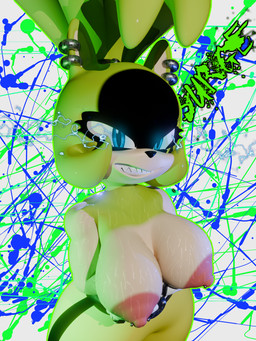 abstract_background anthro big_breasts big_nipples blue_eyes bodily_fluids bottomwear breasts clothed clothing ear_piercing electricity female green_body green_hair hair lightning looking_at_viewer nipple_piercing nipples pants piercing sharp_teeth smug solo sweat sweaty_breasts teeth topless teknotyk idw_publishing sega sonic_the_hedgehog_(comics) sonic_the_hedgehog_(idw) sonic_the_hedgehog_(series) surge_the_tenrec afrosoricid mammal tenrec 3:4 3d_(artwork) blender_(artwork) digital_media_(artwork) hi_res