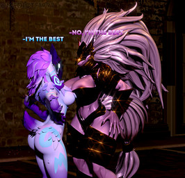 anthro anthro_on_anthro areola armor big_breasts black_armor black_sclera breasts butt claws clothing crossgender dialogue duo female female/female female_anthro floppy_ears fur genitals hair headgear huge_thighs leg_armor long_hair lop_ears mask mask_only medium_breasts nude tail text thick_thighs vulva white_body white_hair wristband medictf1997 da.nilkaz_(modeler) valcon_(modeler) elden_ring fromsoftware league_of_legends riot_games tencent kindred_(lol) lamb_(lol) maliketh_(elden_ring) bovid canid canine caprine mammal sheep 3d_(artwork) digital_media_(artwork)