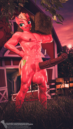 abs animal_genitalia animal_penis anthro anthrofied balls biped cutie_mark equine_genitalia equine_penis erection flared_penis genitals glistening glistening_abs glistening_arms glistening_balls glistening_body glistening_ears glistening_face glistening_genitalia glistening_legs glistening_muscles glistening_nipples glistening_pecs glistening_penis glistening_thighs hair hay hay_bale male medial_ring muscular muscular_male nipples nude nude_anthro nude_male outside penis red_body smile solo standing text screwingwithsfm friendship_is_magic hasbro my_little_pony big_macintosh_(mlp) earth_pony equid equine horse mammal pony 3d_(artwork) 4k 9:16 absurd_res blender_(artwork) digital_media_(artwork) english_text hi_res url