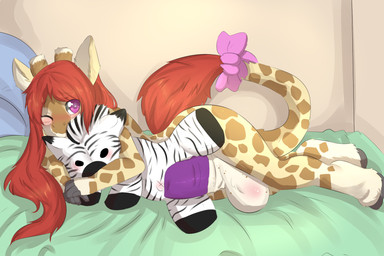 accessory animal_genitalia anthro balls big_balls big_penis biped blush bow_(feature) bow_accessory bow_ribbon erection femboy furgonomics genitals hair hooves hyper long_hair long_tail lying male nude on_side one_eye_closed open_mouth penis plushie purple_eyes red_hair ribbons sheath solo tail tail_accessory tail_bow tail_ribbon young young_anthro young_male aoizuri ashley_(codyfox) giraffe giraffid mammal 3:2 hi_res