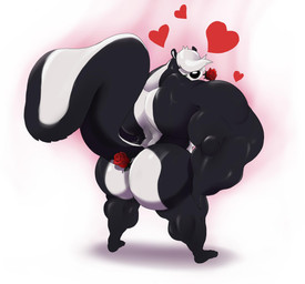 anthro between_buttocks big_butt big_muscles butt calf_muscles deltoids flower forearm_muscles fur hair hair_over_eye heart_symbol huge_butt huge_muscles hyper hyper_muscles looking_at_viewer looking_back male markings muscular muscular_male musk nude plant rear_view rose_(flower) simple_background smile smiling_at_viewer solo striped_body striped_fur striped_markings striped_tail stripes tail tail_markings triceps white_background eyecandy looney_tunes warner_brothers pitu_le_pew mammal mephitid skunk hi_res