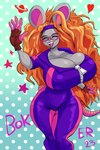 accessory anthro big_breasts breasts clothing eyes_closed eyewear female fingerless_gloves fur glasses gloves grey_body grey_fur hair handwear headband huge_breasts huge_thighs jumpsuit long_hair multicolored_clothing orange_hair pink_eyewear pink_glasses purple_headband purple_jumpsuit smile solo teeth text thick_thighs two_tone_clothing two_tone_jumpsuit boker vacanti_(boker) mammal murid murine rat rodent artist_name