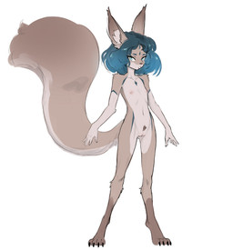 anthro big_tail black_claws blue_eyes blue_hair breasts brown_body brown_fur buckteeth claws diamond_(marking) female flat_chested fur genitals hair inner_ear_fluff markings pubes simple_background solo standing tail teeth tuft vulva white_background white_body white_fur hush_button tori_(hush_button) mammal rodent sciurid tree_squirrel