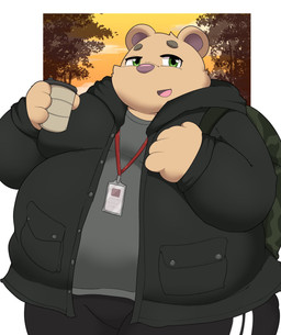 anthro backpack belly big_belly bottomwear brown_body clothing green_eyes hoodie kemono male obese obese_male overweight overweight_male pants shirt solo topwear kusosensei inigo_(kusosensei) bear mammal 2022 hi_res