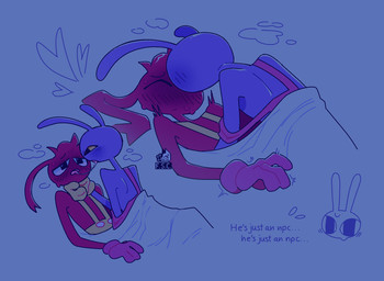 anthro bedding biped blanket bodily_fluids clothed clothing duo gloves handwear male overalls partially_clothed pecs pink_clothing purple_body rabbit_ears red_body sweat undressing white_eyes yellow_clothing yellow_eyes fsc glitch_productions the_amazing_digital_circus fan_character jax_(tadc) animal_humanoid humanoid lagomorph lagomorph_humanoid leporid leporid_humanoid mammal mammal_humanoid rabbit rabbit_humanoid hi_res