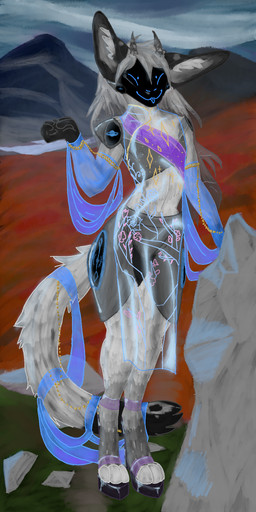 ambiguous_gender anthro blep blue_clothing chain clothing dress footwear gold_(metal) grey_body grey_hair hair high_heels horn inner_ear_fluff latex latex_clothing latex_dress long_hair machine platform_footwear platform_heels protogen_visor shoes silk solo tongue tongue_out translucent translucent_clothing translucent_dress translucent_latex tuft tundra evelyn_ivy protogen 1:2 hi_res