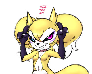 2_horns 3_fingers anthro bangs breasts countershading dark_sclera dialogue dipstick_ears ear_markings facial_markings featureless_breasts female fingers fluffy_ears gesture grin hand_gesture head_markings heterochromia horn markings multicolored_ears navel pointing pointing_at_self raised_arms shortstack shortstack_female simple_background smile solo tail text white_background white_face furball bandai_namco digimon renimpmon renimpmon_x digimon_(species) hybrid imp impmon renamon 2023 5:4 english_text half-length_portrait portrait