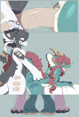 3_toes 4_fingers anthro anthro_on_anthro bed blue_background blush bodily_fluids breath brown_eyes butt close-up dripping duo erection eyes_closed feet female female_penetrated fingers from_behind_position furniture genital_fluids genitals grey_hair hair hip_grab horn male male/female male_penetrating male_penetrating_female motion_lines multiple_angles nude on_bed open_mouth penetration penile penile_penetration penis penis_in_vagina pussy_juice_on_feet red_hair sex side_view simple_background standing toes tongue tongue_out vaginal vaginal_fluid_drip vaginal_fluids vaginal_fluids_on_leg vaginal_fluids_puddle vaginal_penetration pata mythology dragon eastern_dragon mythological_creature mythological_scalie scalie 2018 aliasing character_request comic digital_media_(artwork) hi_res