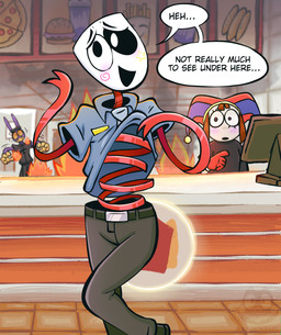 4_fingers anthro blush burning clothed clothing clothing_lift detailed_background dialogue fast_food fast_food_restaurant fast_food_uniform female female_focus fingers fire food group inside logo looking_at_another male mask not_furry_focus solo_focus speech_bubble talking_to_viewer text trio undressing squeakygears glitch_productions spudsy's the_amazing_digital_circus gangle_(tadc) jax_(tadc) pomni_(tadc) animate_inanimate humanoid lagomorph leporid living_mask mammal rabbit artist_logo english_text hi_res watermark