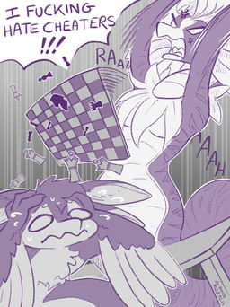 3_fingers 4_ears action_pose angry anthro apode breasts cheat chess chess_board chess_piece chest_tuft claws countershade_torso countershading dialogue exclamation_point feathered_wings feathers featureless_breasts fingers fur hair hand_on_head holding_head holding_own_head humor legless male motion_lines multi_ear nude open_mouth pose profanity raised_arm scared screaming serpentine simple_background speech_bubble table_flip tail text tongue tuft tufted_fur winged_arms wings rozalid fyr_(fenrir784) vrahi_(giskard) avali avian bird draconcopode naga reptile scalie snake 2025 absurd_res dated digital_drawing_(artwork) digital_media_(artwork) english_text hi_res monochrome signature sketch