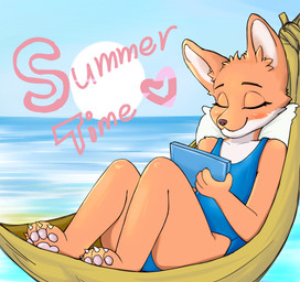4_toes anthro blue_clothing blush breasts cellphone clothing electronics eyes_closed feet female fur hammock lying on_back one-piece_swimsuit orange_body orange_fur paws phone sea sky small_breasts smile solo summer swimwear toes water istrid_valentina canid canine fox mammal hi_res